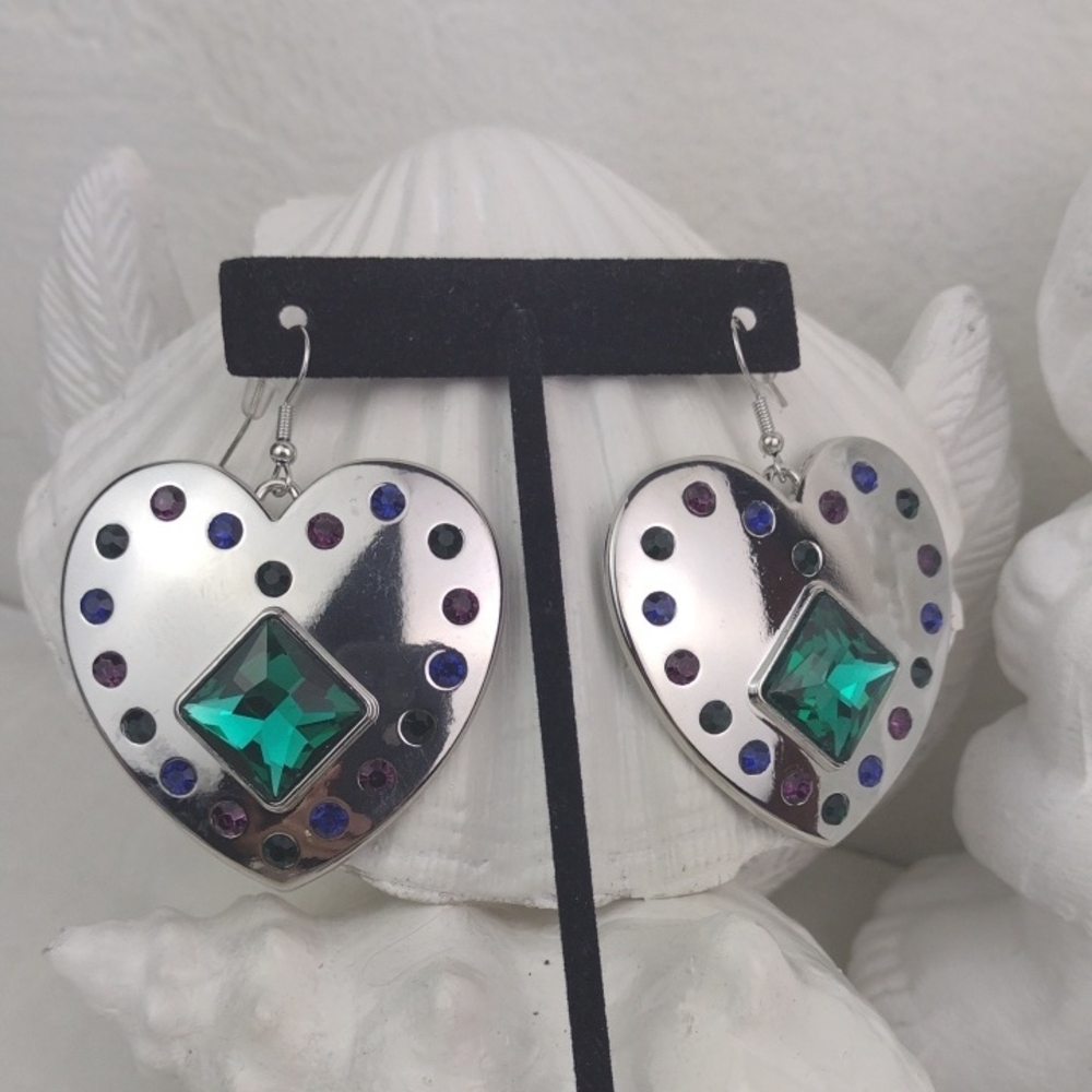 Oversized Silver Heart Drop Earrings with Emerald Green Faceted Gem Accent